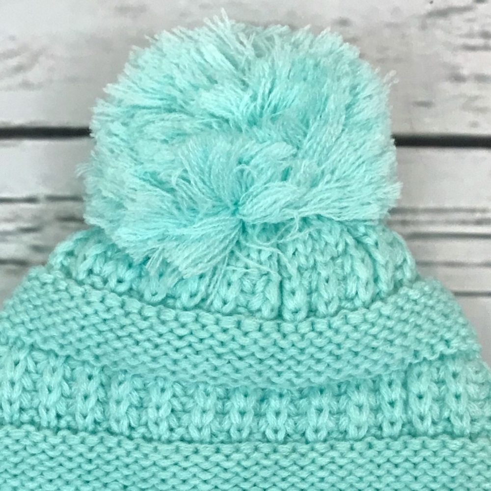 Kids Mint Green Cable Knit Pom Pom Beanie - Picture 3 of 5